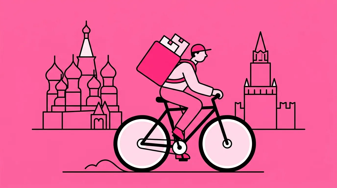Промокоды Самокат в Москве: курьер на фоне башен и куполов